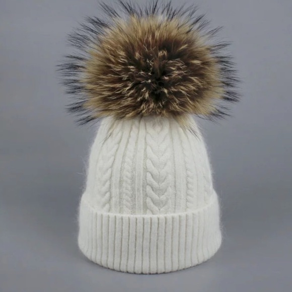 Accessories - Ivory Angora Fur Pompom Cable Knit Beanie